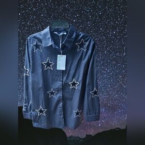 Muy Muy Fancy Collection Rhinestone Star Embellished Black Button-Up Shirt
